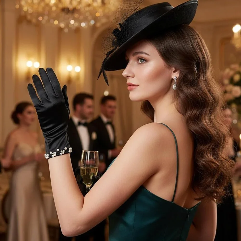 Women's Black Short Satin Wedding Tuxedo Pearl Floral Imported Polyester Gloves